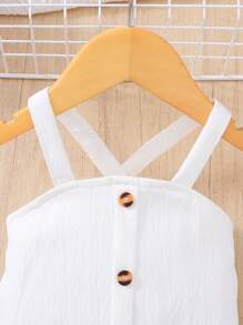 SHEIN 2pcs Infant/Toddler Girls Spring/Summer Casual Vacation Elegant Button Decor Wide Strap White Tank Top And White Contrast Polka Dot Ruffle Trim Asymmetrical Skirt, 1-3 Years Old OOTD Outfit, Suitable For Outing, Vacation And Daily Wear