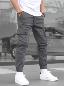 Manfinity Homme Loose Men's Flap Pocket Casual Pants Casual Pants For Men Men Clothing Men Pants Casual Men Pants Men Clothes Men Pants - Dark Grey - View 2