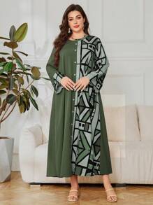 SHEIN Lacomfia Vestido de manga larga con estampado geométrico de bloques de color para tallas grandes