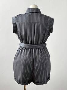 Sunspun Plus Size Women Lapel Cinched Waist Utility Jumpsuit Pants