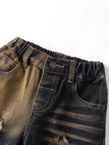 SHEIN Young Boy Summer Street Cool Vintage Washed Ripped Frayed Contrasting Colors Loose Fit Straight Leg Bermuda Blue Denim Shorts, Streetwear Spring Break - Light Wash - View 3