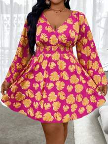 Breezaya Plus Size Holiday Banana Leaf Flare Sleeve A-Line Dress