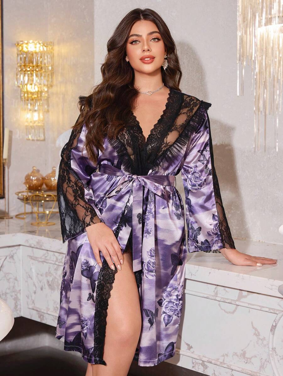 Plus Size Batik Butterfly Print Lace Patchwork Satin Robe