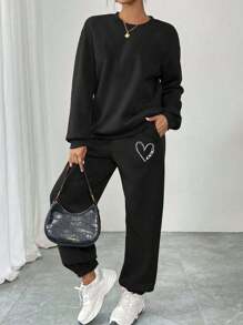 SHEIN LUNE 女士时尚休闲黑色爱心印花运动抽绳运动裤