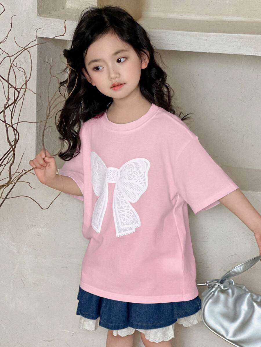 DAZY 女童蝴蝶结印花圆领针织短袖T恤，夏季 - 粉色 - 查看 1