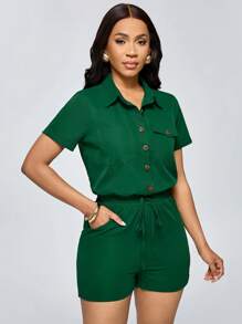 SHEIN LUNE Women's Solid Color Front Button Jumpsuit With Pockets - Dark Green - View 4