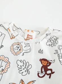 Cozy Pixies 2pcs Baby Boy Snug Fit Pajamas Set, Cartoon Animal Graphic Soft Knit Round Neck Short Sleeve Top And Elastic Waist Long Pants - White - View 5