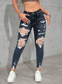 SHEIN PETITE Women's Ripped Denim Jeans, Minimalist Fashion, Suitable For Summer - Dark Wash - View 7