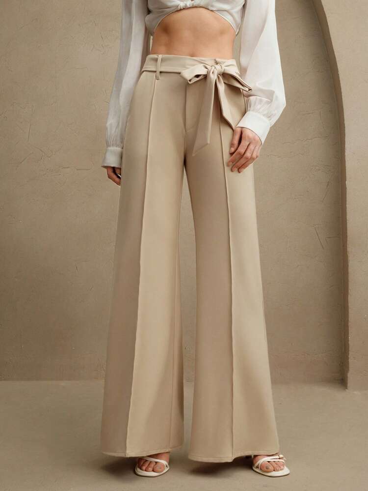 Pantalones anchos de pierna larga con diseño elegante de cinturón de lazo con costura central para mujer, para primavera y verano