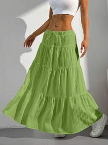 SHEIN EZwear 女士度假纯色腰带荷叶边下摆 A 字形纹理半身裙 - 綠色 - 查看 6