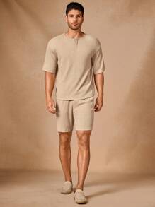 Manfinity VCAY 2pcs/Set Men's Knit Fitted Crew Neck Casual T-Shirt Set, Suitable For Summer - Apricot - View 3