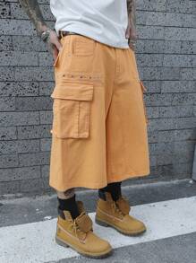 Manfinity EMRG Quần short denim rộng rãi, màu trơn có túi dành cho nam, mặc hàng ngày - trái cam - Xem 5