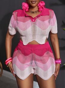 Slaydiva Plus Size Women Pink Ombre Short Knit 2Pcs Set (Top+Shorts), Casual Holiday Wear, Spring/Summer - Pink - View 6
