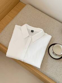 Comfortcana 女士白色编织纹理短款衬衫，夏季 - 白色 - 查看 8