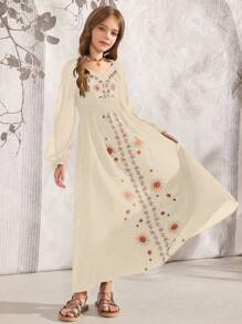 SHEIN Explorewe 女童长袖时尚黑色连衣裙，夏季 - 杏色 - 查看 3