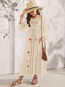 SHEIN Explorewe 女童长袖时尚黑色连衣裙，夏季 - 杏色 - 查看 6