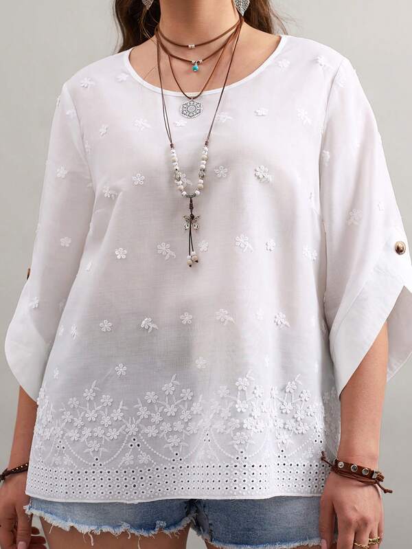 SHEIN LUNE 大码女式休闲纯色花卉刺绣衬衫，适合锐舞派对、春假、复古风格、夏季休闲等场合，商务休闲皆宜。