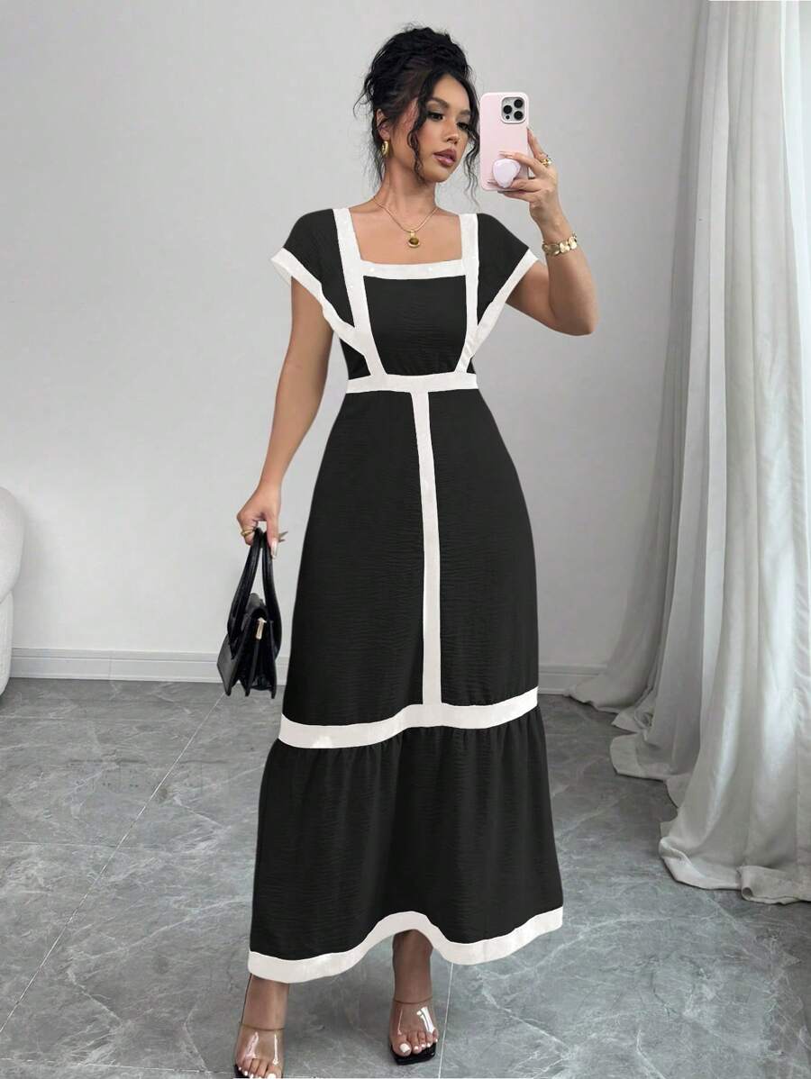Chiquease Women's Elegant Casual Black & Milky White Striped Ruffle Sleeve Vacation Dress