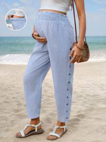 SHEIN Maternity Casual Striped Drawstring Waist Pants - Blue and White - View 1