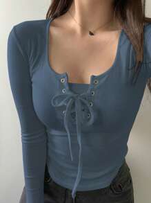 DAZY Women's Lace-Up Solid Color T-Shirt, Simple & Fashionable For Summer