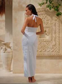 SHEIN Swim Women Beach Summer Outfits: 1 Pc Halter Neck Tie Up Swimwear Top Paired With 1 Pc Sexy High Split Skirt With Golden Shell Decor - White - View 2