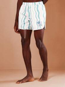 SUMWON Premium Beach Swim Trunks Retro Wave Pattern Palm Tree Embroidery Elastic Drawstring Summer Vacation Swimming Board Shorts Activewear Surfing Athletic Coastal Lounge Wear - Blue and White - View 3