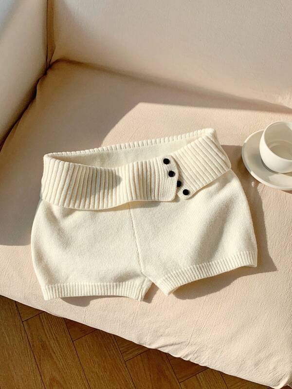 Comfortcana Women's Summer Button Decor Low Waist Folded Knit Shorts In Fall/Winter