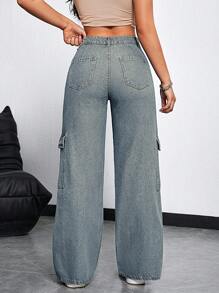 SHEIN EZwear Women's Cargo Pocket Loose Fit Casual Wide Leg Jeans - Light Wash - View 2