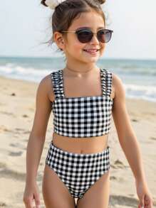 Young Girl Plaid Bikini Beach Swimwear Set, Random Print - Multicolor - View 1