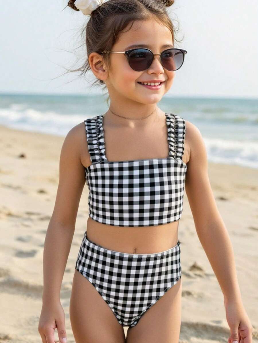 Young Girl Plaid Bikini Beach Swimwear Set, Random Print - Multicolor - View 1