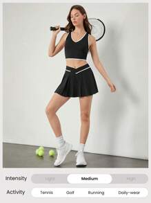 GLOWMODE FeatherFit™-Air 吸汗速干交叉对比条纹腰裙，内置短裤侧袋防滑握把低冲击日常休闲装 - 黑與白 - 查看 6