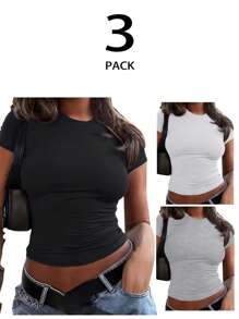 INAWLY Solva Women's Solid Color Crew Neck Short Sleeve Cropped Fitted Casual T-Shirt Fall Cloth For Women - Multicolor - View 2