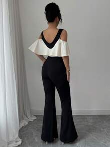 Selianne Bộ đồ liền thân trễ vai viền bèo nhún màu tương phản thanh lịch dành cho nữ - màu đen - Xem 2