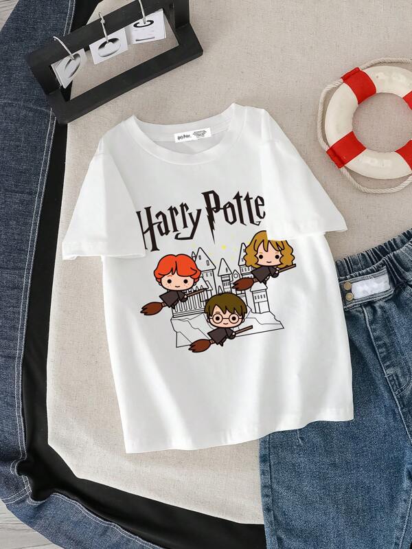 HARRY POTTER X SHEIN Maglietta a maniche corte da ragazzo con grafica, scollo rotondo, casual, adatta per l'estate