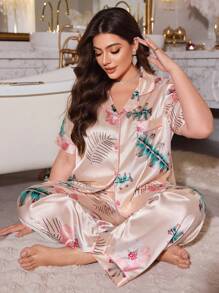 LuxeNights Plus Size Floral Print Satin Pajama Set