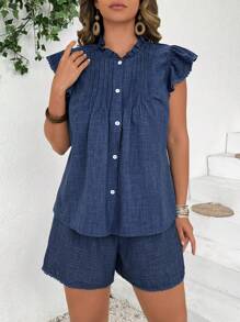 EMERY ROSE 2pcs Fashion Casual Retro Pleated Ruffle Flute Sleeve Set - Navy Blue - View 7