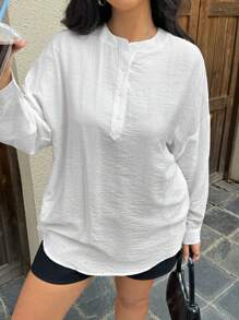 INAWLY 大码纯色长款休闲衬衫，春秋 - 白色 - 查看 3