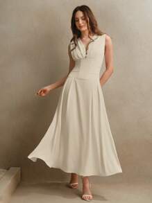 Anewsta Elegantes, minimalistisches ärmelloses Sommerkleid mit V-Ausschnitt und Taille, geeignet für Frauen bei Festivals, Old Money, Ausgang, Urlaub und als Brautjungfernkleid - Kamelfarben - Übersicht 5