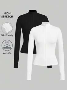 SHEIN EZwear 2件輕量夏季防曬外套，休閒素色，適合秋冬日常穿著 - 黑與白 - 查看 2