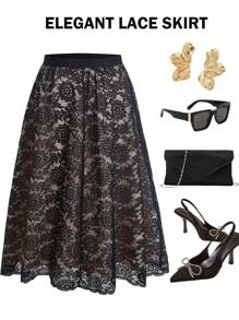 Ellevyn Curvy Plus Size Women's Black Elegant Romantic Lace A-Line Skirt,Black Skirt,Summer Skirts,Skirt>Long,Jupe été,Lace Skirt,Sundress,Summer Outfits For Women,Vacation Outfits Woman,Summer Clothes,Business Casual Woman,Going Out ,Office Outfits For Women,Work Clothes Women,Old Money Style Women,Going Out Outfits - Black - View 2