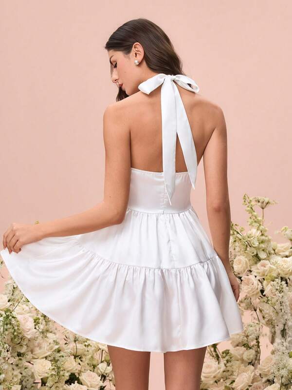 Glamine Women's Vacation Solid Color Back Tie Neck Mini Dress,Dresses For Women,Summer Dresses For Women,White Dresses For Women,Mini Dress,