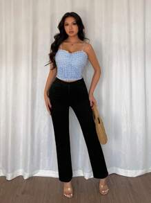 Chiquease Regata Fashionable e Versátil com Babado na Barra e Cintura Franzida, Estampa Xadrez para Mulheres, Adequada para Uso Diário - Multicolorido - Visão 4