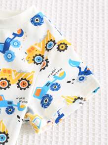 Cozy Pixies 2pcs Baby Boy Cartoon Car Pattern Knit Soft Round Neck Short Sleeve Top With Elastic Waist Shorts Set - Multicolor - View 9