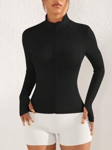 Easithlete Women's Solid Color Front Zipper Long Sleeve Casual Comfortable Sports Jacket - Black - View 1