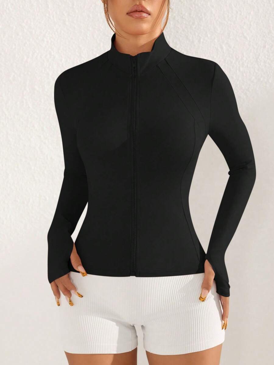 Easithlete Women's Solid Color Front Zipper Long Sleeve Casual Comfortable Sports Jacket - Black - View 1