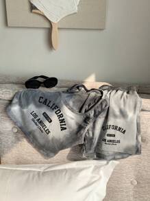 Comfortcana Women 2pcs/Set Letter Print Tie-Dye Cropped Tank Top And Shorts,Summer Sets - Black - View 3