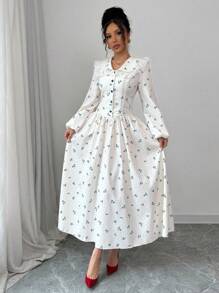 Modelyn Robe femme à manches longues boutonnée en forme de A avec volants, imprimé floral tissé - Bleu azur - Voir 5