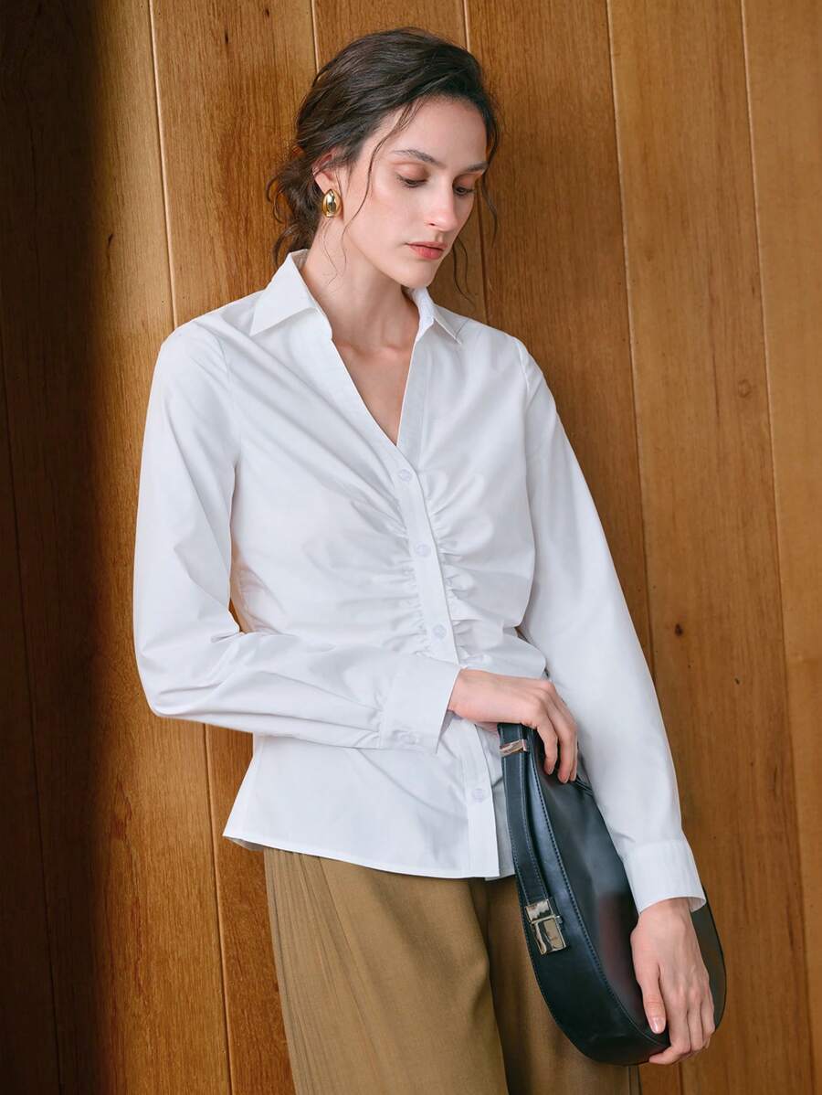 Uhlyne Uhlyne Women's Casual & Commuter Woven Long Sleeve Collared V-Neck Pleated Fitted Blouse Fall Cloth For Women - White - View 1