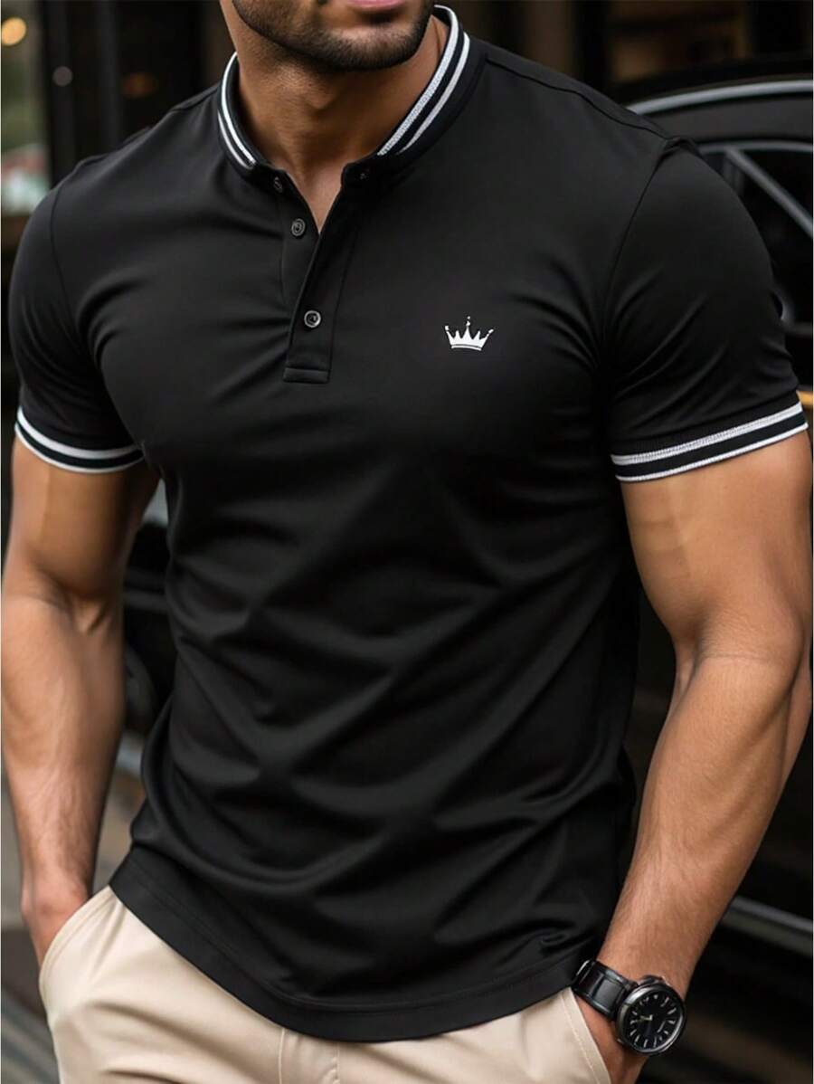 Manfinity Homme Three Pieces Set, Men's Bowling Polo Shirt Short-Sleeved Casual Top, Gift For Friends, Gift For Boyfriend - Black - View 1