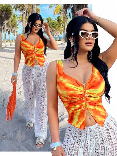 SHEIN SXY Áo hai dây in họa tiết nhuộm loang màu cho kỳ nghỉ hè trên bãi biển dành cho nữ, Áo hai dây xếp ly, vừa vặn, mùa hè dành cho nữ, phụ nữ đi nghỉ, kỳ nghỉ xuân, phong cách Boho, phụ nữ đi hòa nhạc, tiệc tùng, đi chơi, Ibiza, Gyaru, gợi cảm